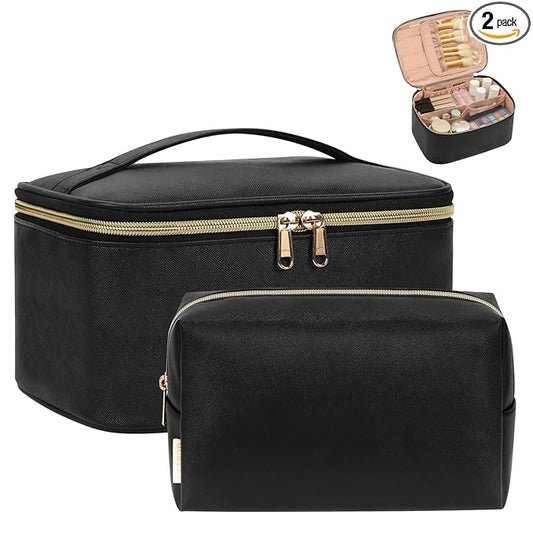 OCHEAL Makeup Bag Set, Portable Travel Makeup Bags Cosmetic Organizer Bag for Women Cute Floral Cosmetic Pouch Large Capacity Make up Bag PU Leather Toiletry Bags with Divider and Handle-Black