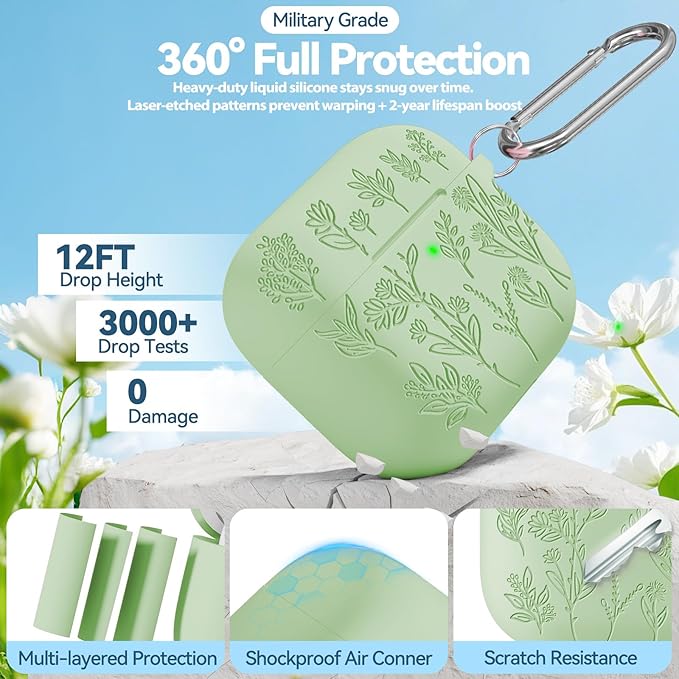 for Airpods 4 Case, Ekoonpft Flower Engraved Cases for Apple AirPods 4th Generation 2024, Soft Silicone Cover for Women Girly with 3-in-1 Cleaner Kit, Keychain, Military Grade Protection