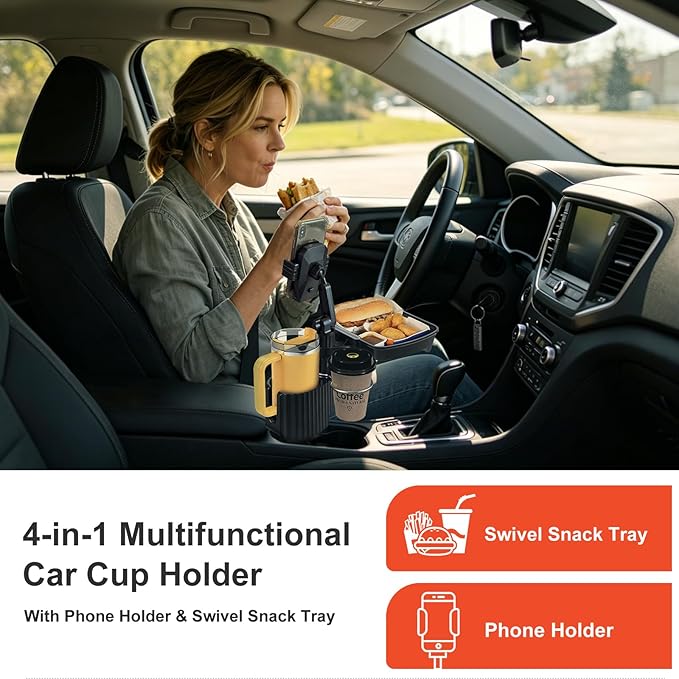 Car Large Cup Holder Expander, 4-in-1 Cupholder Extender with Phone Holder & Swivel and Detachable Snack Food Tray Table for Eating, Travel Essentials for Road Trips for Driver. Model F
