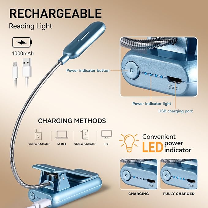 VAVOFO Rechargeable Reading Light, 7 LEDs with 9 Color Temperature 9 Brightness Levels Clip On Book Light for Reading in Bed with Power Indicator for Bookworms (Silver Blue)