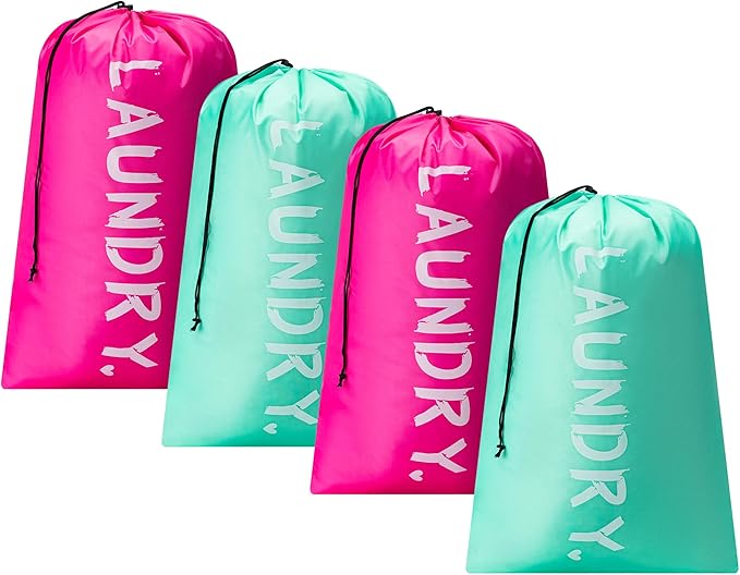 4 Pack XL Travel Laundry Bag, Machine Washable Dirty Clothes Organizer with Drawstring,Large Enough to Hold 4 Loads of Laundry, Easy Fit a Laundry Hamper or Basket Travel Essentials 24" x 36"