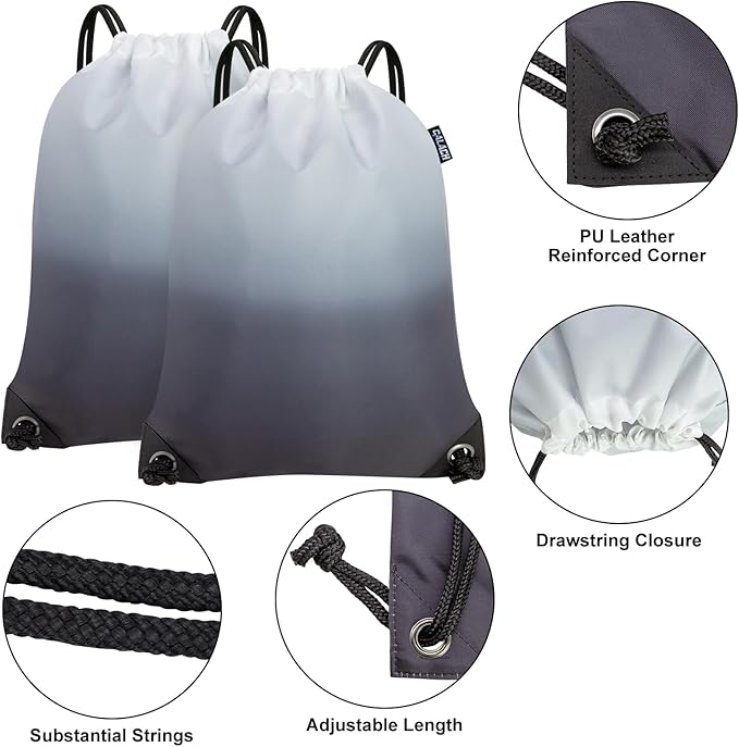 2PCS Drawstring Bags Bulk, String Backpack for Men Women, Cinch Bag Draw String Back Bag for Gym, Sports, Travel, Swimming, Beach, Gradient black