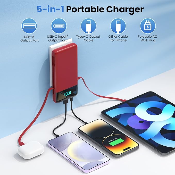 Portable Charger for iPhone with Built in Cables and Wall Plug,Upgraded 13800mAh Fast Charging USB C Power Bank,4 Outputs Travel Essential Battery Pack Compatible with iPhone 15/14/13/12,Galaxy-Red