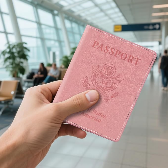 Black and Pink Passport Holder for Travel, 2 PCS Passport Holder, Travel Passport Holders Must Haves for Women Men, Passport Cover Passport Wallet Case Holders for Travels Cruise Ship Essentials Gifts
