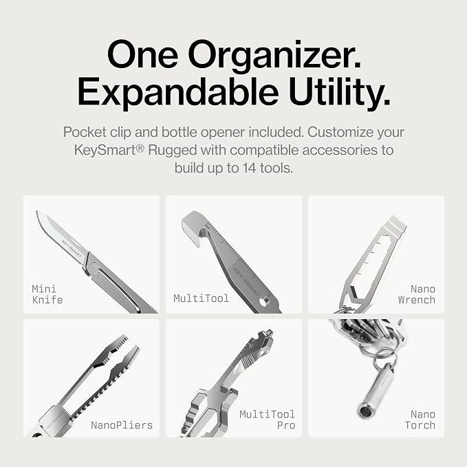 KeySmart Rugged - Multitool Key Holder for Keychain w/Bottle Opener and Pocket Clip, Organizer for Keys, EDC Keychains, Ring for Car Fobs Key Chains, Expandable (Up to 14 Keys, Black)