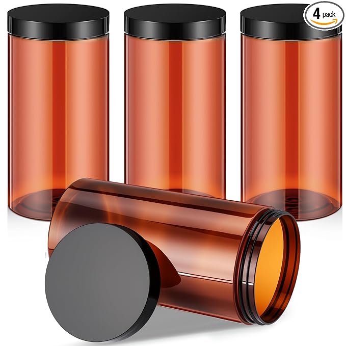 Patelai 4 Pieces Round Wide-mouth Leak Proof Plastic Container Jars with Lids for Travel Storage Makeup Beauty Products Face Creams Oils Salves Ointments DIY Making(32 Ounce,Amber)