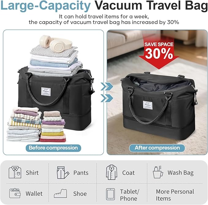 Overnight Weekender Bags for Women,Vacuum Travel Duffel Bag with Air Pump, Personal Item Travel Bag with Shoes Compartment & Compression Pocket,Black