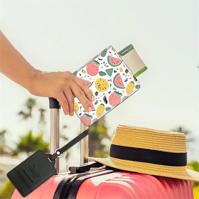 Passport Wallet, Passport Holder with RFID Blocking and Luggage Tag, Waterproof PU Leather Travel Documents Organizer Case, Passport Covers with Card Slot for Women & Men, Watermelon Fruit Pattern