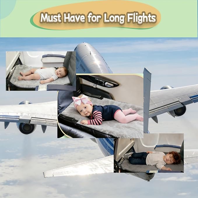 Grey Toddler Airplane Bed with Cloth Book, Portable Airplane Seat Extender Travel Bed for Kids, Soft Baby Plane Travel Essentials for Flying, Toddlers Long Flight Must Haves Footrest