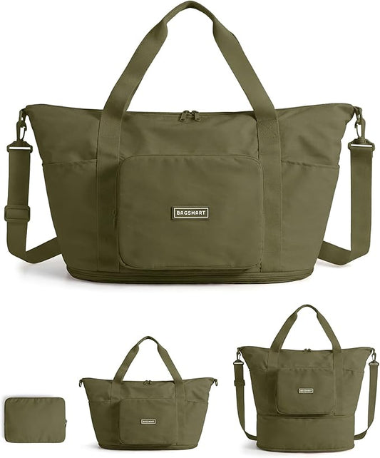 BAGSMART Foldable Travel Bag, 37L Expendable Personal Item Bag, Lightweight Weekender Bags for Women, Water Resistant Extra Carry on for Travel, Kelp Green