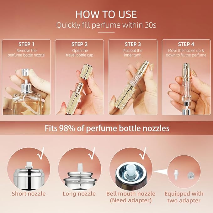 Perfume Travel Refillable Bottle, Cologne Portable Atomizer Fragrance Scent Sprayer with Sparkling Brilliantly, Pump Fill from Bottom Pocket Size 5ml for Travel Essentials & Best Gift(S-Gold)