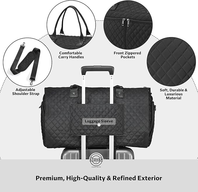 STOVER Women’s Convertible Garment Duffel Bag for Travel – 2-in-1 Carry-On Weekender/Overnight Tote - Wrinkle-Free Dresses, Suits & Clothes + Shoe Compartment & Bonus Toiletry Bag (Onyx Black)