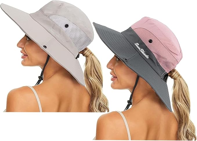 Women's Summer Sun-Hat Ponytail - Outdoor UV-Protection Mesh Wide Brim Foldable Hat with Ponytail Hole