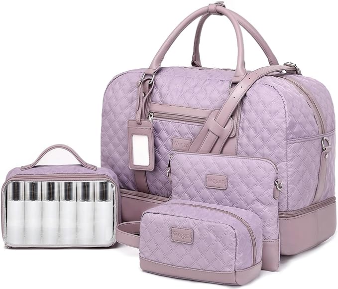 Wogarl 4PCS Weekender Bags for Women Large Overnight Weekend Travel Duffel Carry on Shoulder with Shoe Compartment Canvas Toiletry Bag for Travel Business Gym