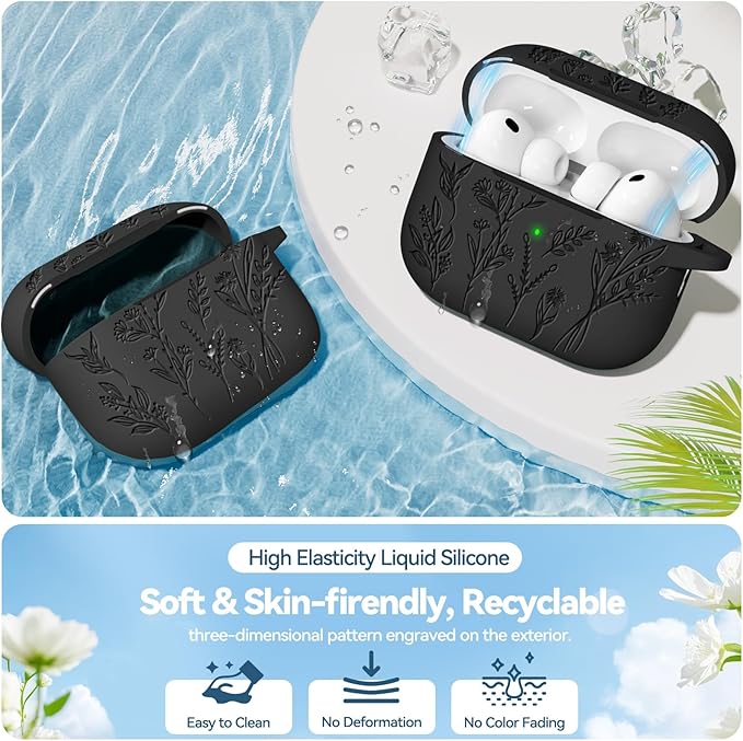 for Airpods Pro 3 Case with Magnetic Lid, Flower Engraved Cases for Apple AirPods Pro 3rd Generation 2025, Soft Silicone Cover for Women Girly with Cleaner & Keychain, Shockproof