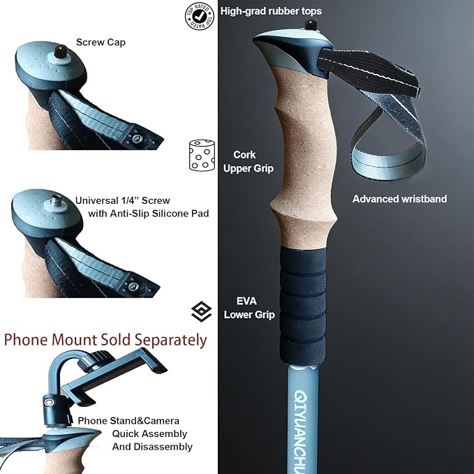 Walking Sticks for Women, Men & Seniors, Compact Lightweight Cork Grip Collapsible Trekking Poleswith 1/4" Screw for Daily Balance Support