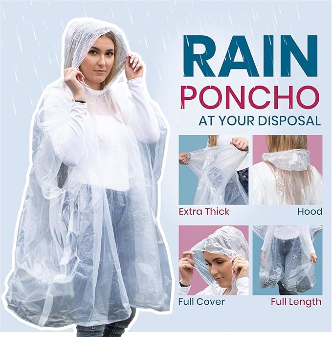 Noe & Malu 20-Pack Emergency Disposable Rain Ponchos for Adults – 100% Waterproof with Hood | Clear Lightweight Unisex Raincoats for Camping, Hiking & Travel
