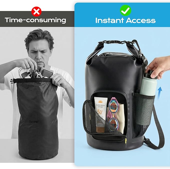 5L Waterproof Dry Bag with Bottle Holder & Mesh Pocket, 500D PVC Tarpaulin Roll Top Dry Sack with Inner Waterproof Adsorption Film, Lightweight Dry Bag for Kayaking, Beach, Boating, Fishing, Travel