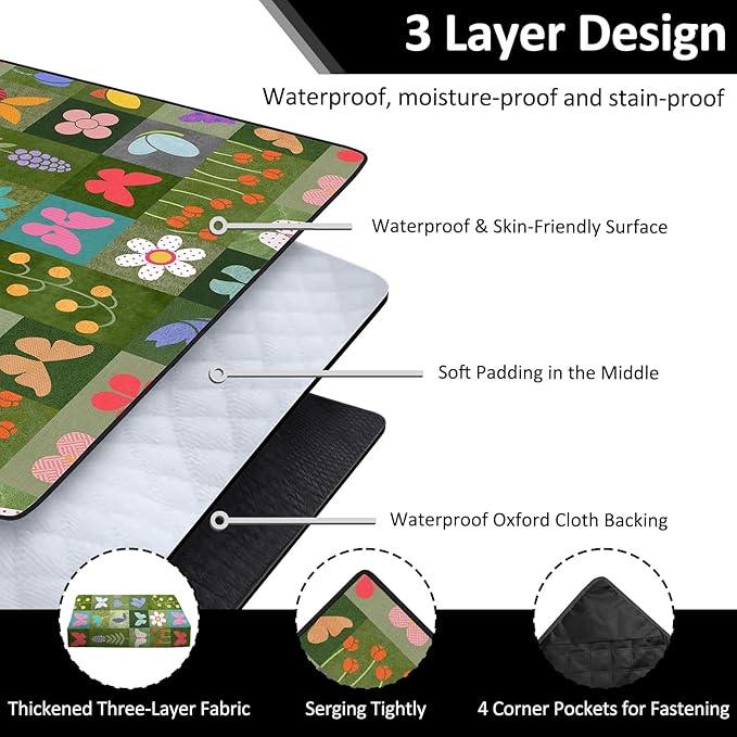 Floral Picnic Blankets Waterproof Foldable, 60″X80″ Packable Picnic Mat Butterfly Outdoor Blanket for Grass, Large Beach Blanket Sandproof Picnic Accessories for Camping Music Festival Park Lawn Party