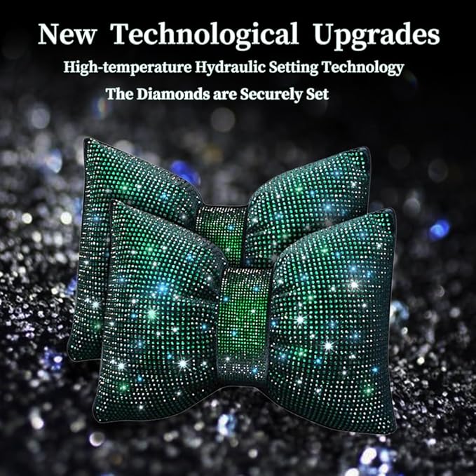 Bling Car Pillows Rhinestones Bowknot Neck Cushion Pillowsdiamond-Studded Headrest Accessories for Women Colourful Rhinestone Car Accessories Green 2Pcs