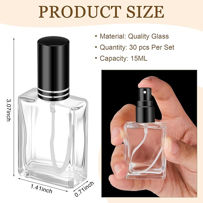 Domensi 30 Pcs 10/15/30/50 ml Glass Perfume Bottles Mini Glass Empty Spray Atomizer Bottles Bulk Refillable Perfume Dispenser Container with Pump Tool for Travel Skin Care (15 ml,Black,Gold,Silver)