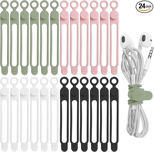 24Pcs Silicone Cable Straps Cord Organizer for Bundling Earphone, Phone Charger, Computer Cords, Reusable Cable Ties Wire Organizer in Home,Office,Kitchen,School (4 Colors)