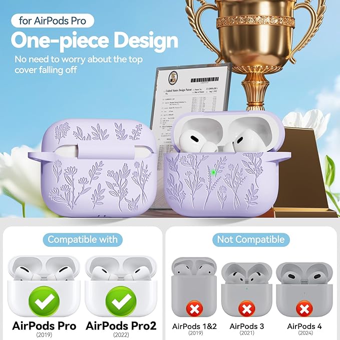 Flower Engraved Case for Apple AirPods Pro 2 Gen with Clean Kit,Soft Silicone Protective Case Cover for AirPod Pro 2nd/1st Generation Keychain,Lanyard,3 Pair Ear Tips,Front LED Visible,Pastel Lilac