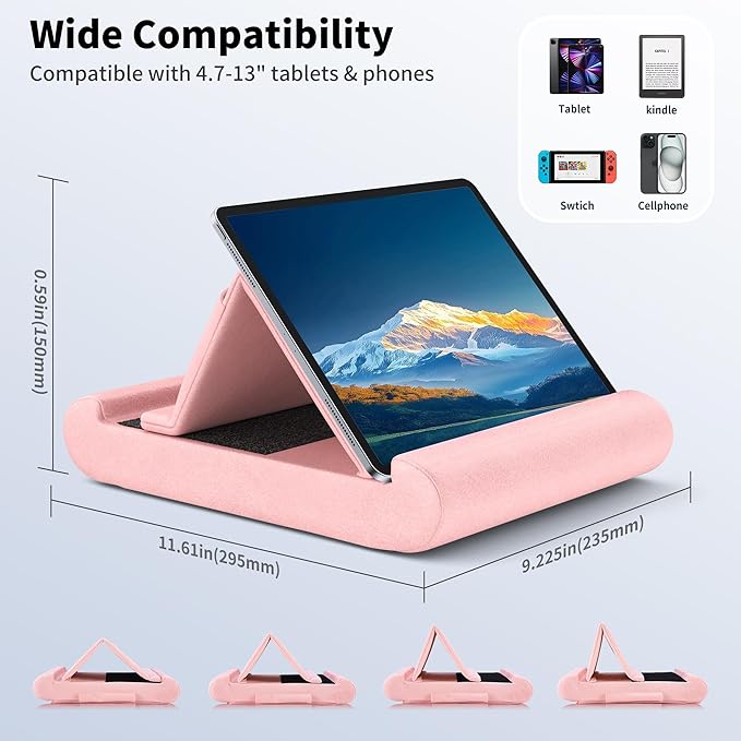 CreaDream Tablet Pillow Stand, Foldable Tablet Holder for Lap, Bed and Desk, Soft Pillow Pad with Pocket and Stylus Mount, for 4-13" Tablets, Like iPad Pro 11, 13, Air, Mini, Kindle, Galaxy Tab, Pink