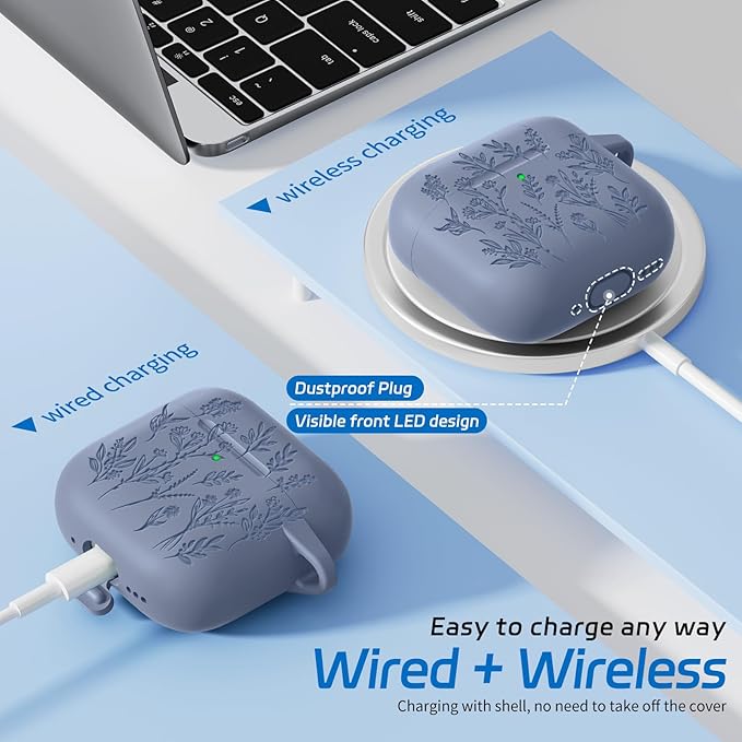 for Airpods 4 Case, Ekoonpft Flower Engraved Cases for Apple AirPods 4th Generation 2024, Soft Silicone Cover for Women Girly with 3-in-1 Cleaner Kit, Keychain, Military Grade Protection