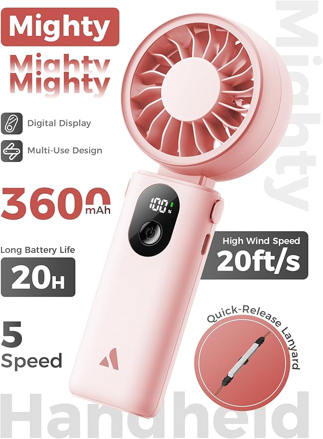 Aecooly Mighty Portable Handheld Fan | 20H Max Cooling Time | 3 Flexible Modes | 5 Speeds Wind | Battery Level Display | USB Rechargeable Mini Personal Battery Powered, Gifts for Women, Travel -Pink