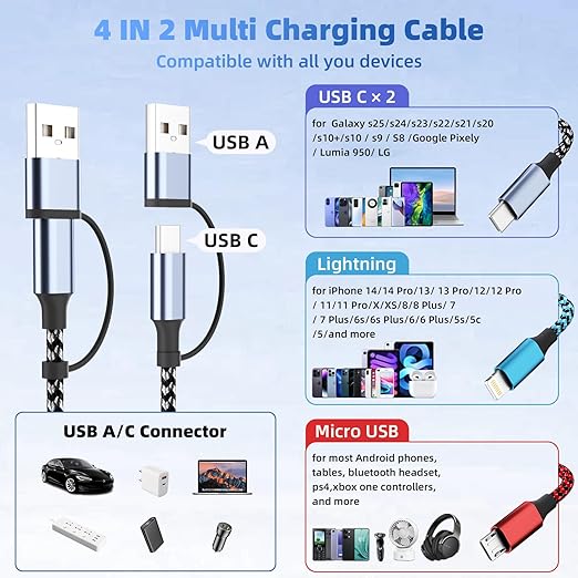 4 in 2 Multi Charging Cable, USB C Cable with Dual Type-C/IP/Micro USB, USB C to USB A Cable, Phone Charger Cord for iPhone 17/16/15/14, Galaxy, Android Tablet Pad (2Pack 5FT)