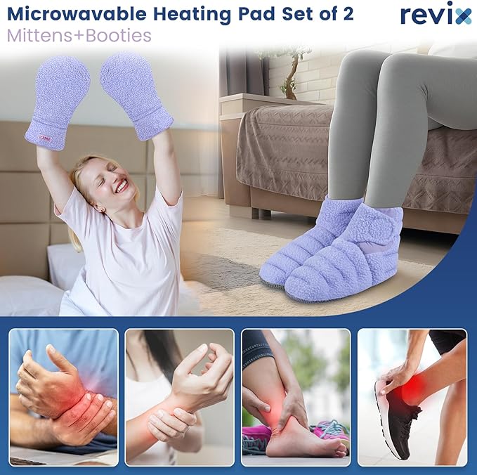 REVIX Heated Mittens and Microwavable Booties, Microwave Feet Warmers and Moist Heat Hand Warmer Gloves for Women & Men, Heated Foot Warmer for Foot & Ankle Discomfort, Cold Feet, Purple L, Set of 2