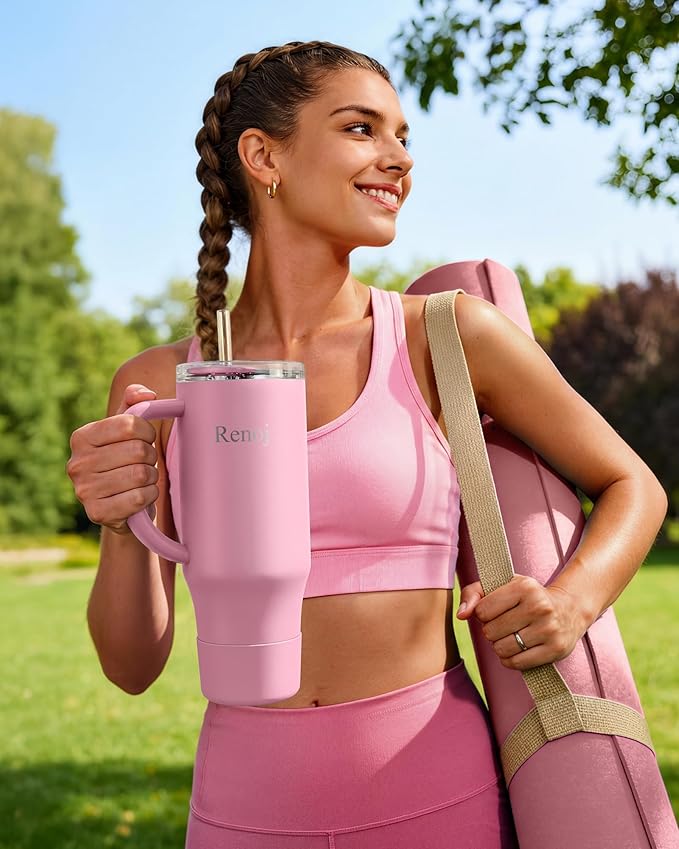 Renoj Insulated Mug 100% Spill Resistant Insulated Water Bottle for Iced Coffee & Hot Drinks - Fits Car Cup Holder, Ideal Gift, 2 Straws & Silicone Boot - FlexSlide Pink 32 oz