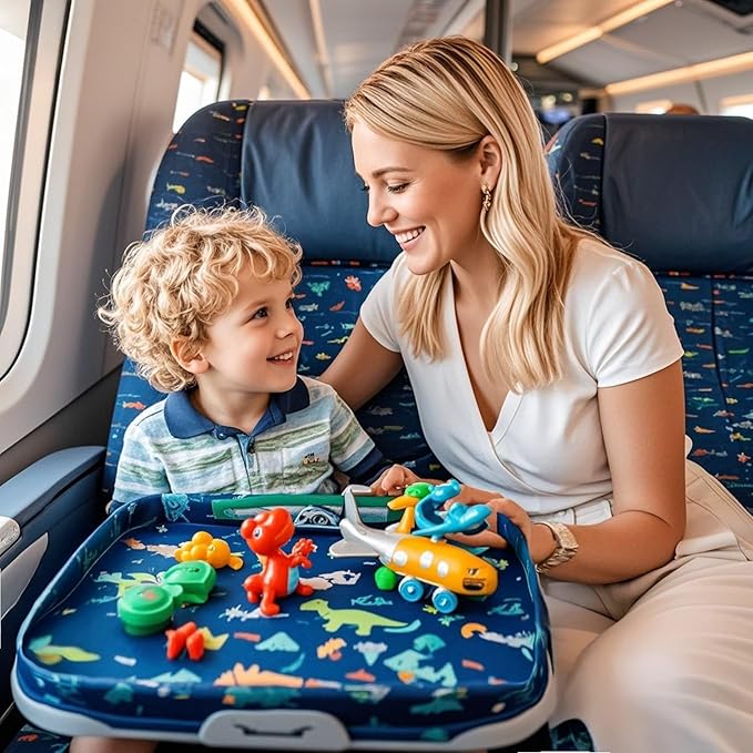 Adjustable Kids Tray Table Cover with Multi Portable Pockets, Airplane Travel Essentials for Kids, Toddlers, Adults, Airplane Must Haves, Plane Travel Essential, Travel Tray for Plane Train, Dinosaur