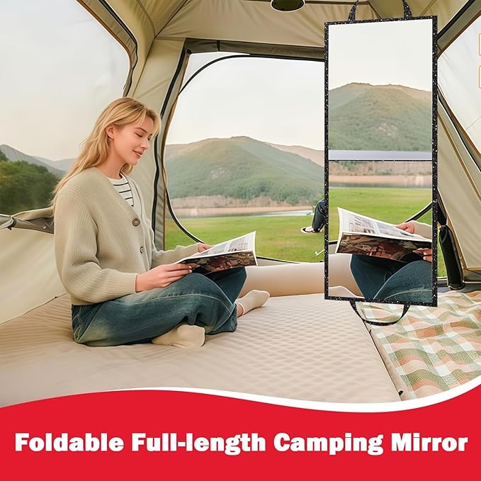 Foldable Full Length Mirror, 2 in 1 Hangable & Tabletop Acrylic Mirror, Portable Travel Mirror with Handle for Dance Bedroom Wardrobe Stage Makeup Checks Camping Outdoor Use (32.2" x 12.5", Bi-Fold)