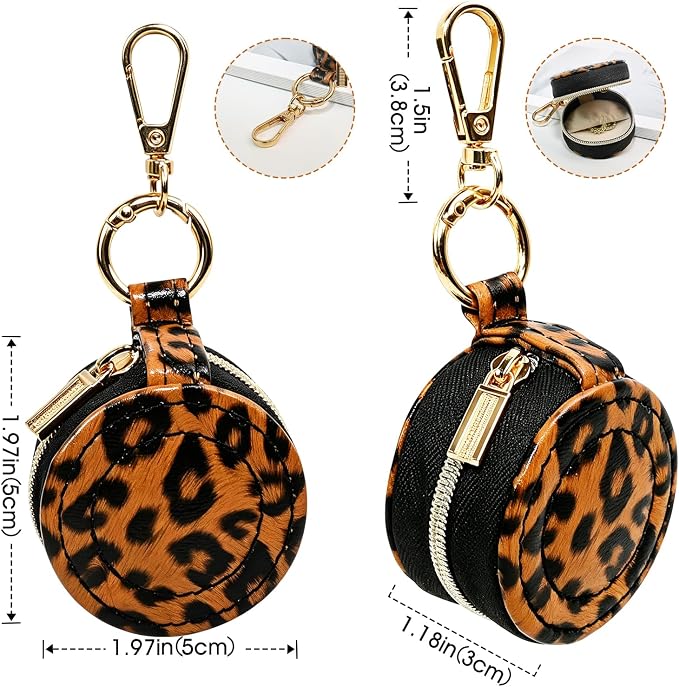 Portable Ring Keychain Holder for Gym and Travel - Jewelry Holder for Sports Bag, Compact Ring Earring Necklace Storage Case (Brown leopard print)