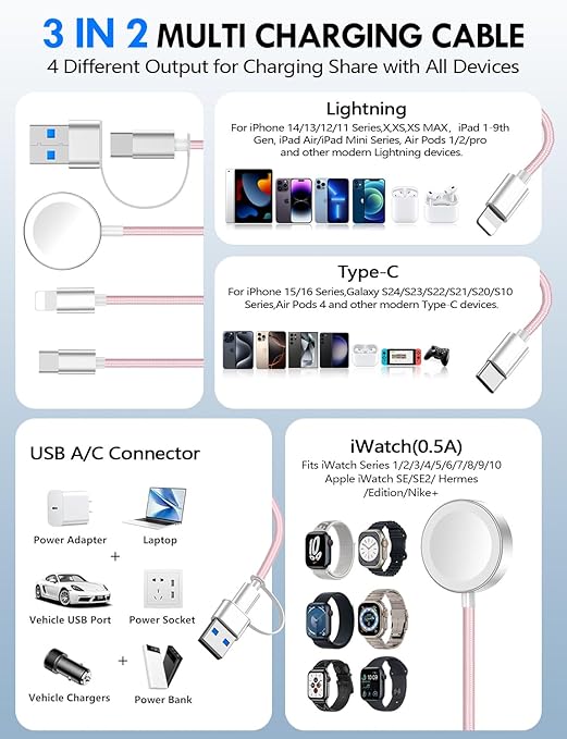 Travel Essentials for Apple Watch Charger,iPhone Charger,3 in 2 Type C/Lightning/Magnetic Travel Charging Cable,Portable Multi Charging Cable for Apple Watch, iPhone 17‑11,Samsung S26,Car,iPad-5FT