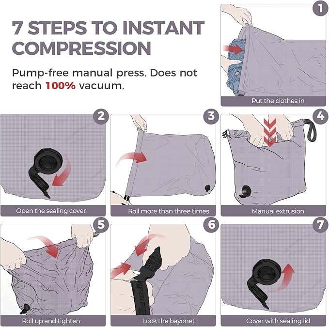 Travel Laundry Bag, Pump Free Vacuum Compression Dirty Clothes Bag Reusable Wet Dry Bags Large Capacity Space Saver Bags Camp Washable Clothes Organizer for Sports Dorm Laundromat (1 Pcs)(Purple, L）