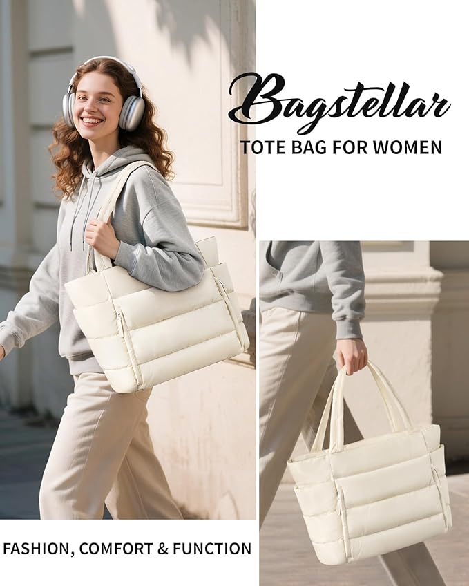 Bagstellar Puffer Tote Bag for Women, Lightweight Puffy Work Handbag Teacher Nurse Quilted Shoulder Bag for School Travel Gym | Cloud Bag w/ Zipper