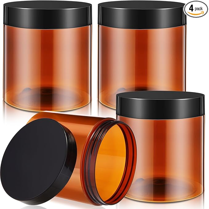 Patelai 4 Pieces Round Wide-mouth Leak Proof Plastic Container Jars with Lids for Travel Storage Makeup Beauty Products Face Creams Oils Salves Ointments DIY Making(16 Ounce,Amber)