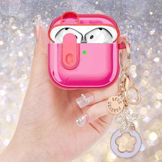 (with Safety Lock) Clear Case Compatible with Cute Apple Airpods 4 Cases 2024 Women, VISOOM Soft TPU Transparency Air pods 4 Gen Case iPods 4 Earbuds Case Girl Bling Keychain for Airpod iPod 4th Gen