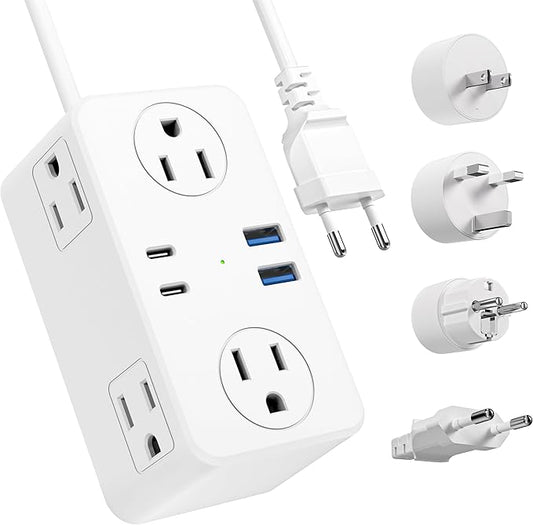 Kakyanill European Travel Plug Adapter, EU/UK/US Travel Plug Adapter Power Strip, 6 AC Outlets, 4 USB Ports (2 USB C), 3ft Wrapped Around Extension Cord, Universal Travel Adapter