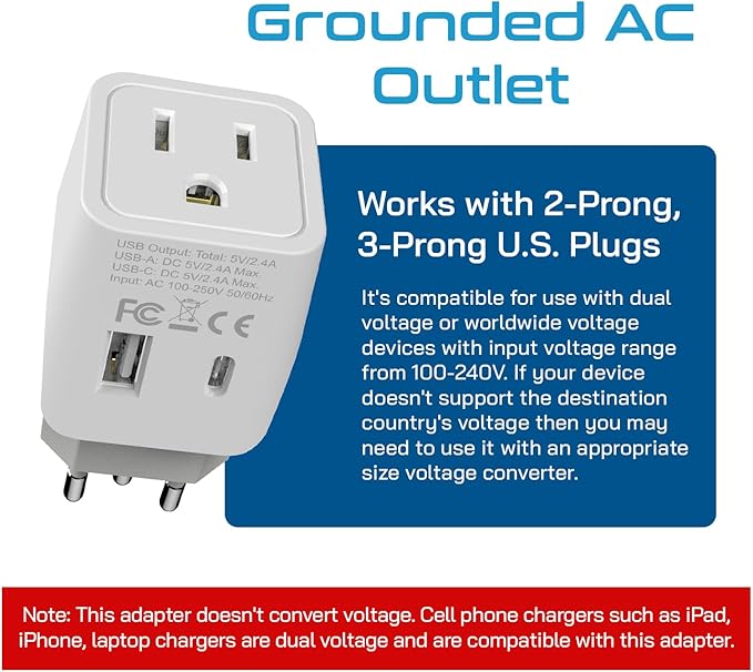 Ceptics Switzerland Travel Plug Set - with 2 USB + USA Socket Input - Type J and Type C- Ultra Compact - Safe Grounded Perfect for Cell Phones, Laptops, Camera Chargers