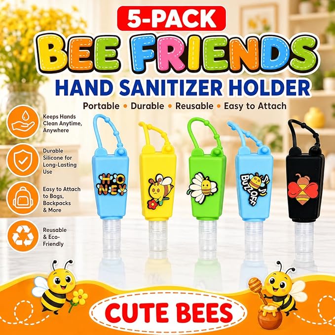 5-Pack Cartoon Kids Hand Sanitizer Holder, 30ml Travel Size Refillable Bottles with Silicone Case, Leak-Proof Portable Containers for Lotion & Liquid Soap (Buzzy Bee)