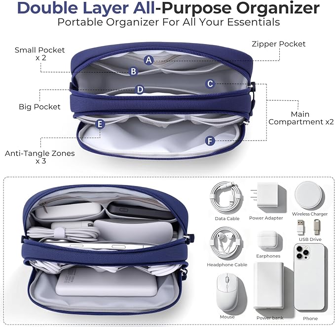 Skycase Travel Cable Organizer - Lightweight Water Resistant Dual-Layer Tech Pouch with Wrist Strap 9 Compartments Electronic Organizer Travel Case for Charger Cord Hard Drive,Small,Blue