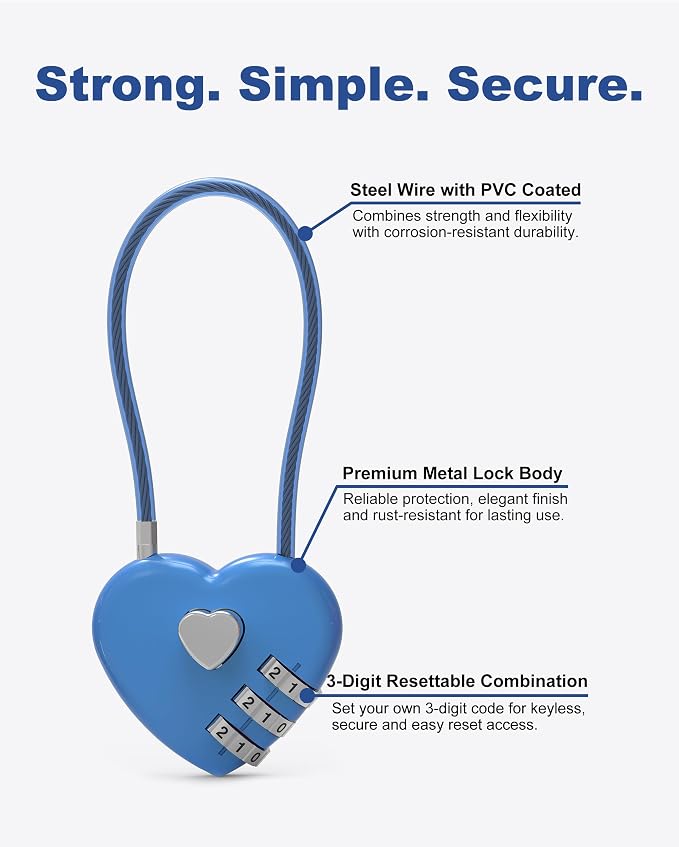 3 Digit Combination Lock, Combo Cable Lock with Code, Small Padlock Combination with Cable, for Luggage, Suitcase, Gym Locker, Backpack Bag Zipper, Cabinet, Mailbox, Outdoor Fence Gate