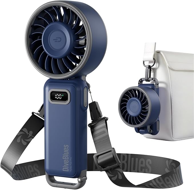 Diveblues Portable Handheld Fan, 7.4m/s High Speed Turbo Fan, 180° Foldable 4-in-1 Personal Neck Fan Integrated Carabiner Clip, 100 Speed Stepless Control, USB-C Rechargeable, 12H Battery, Fanzy D6036