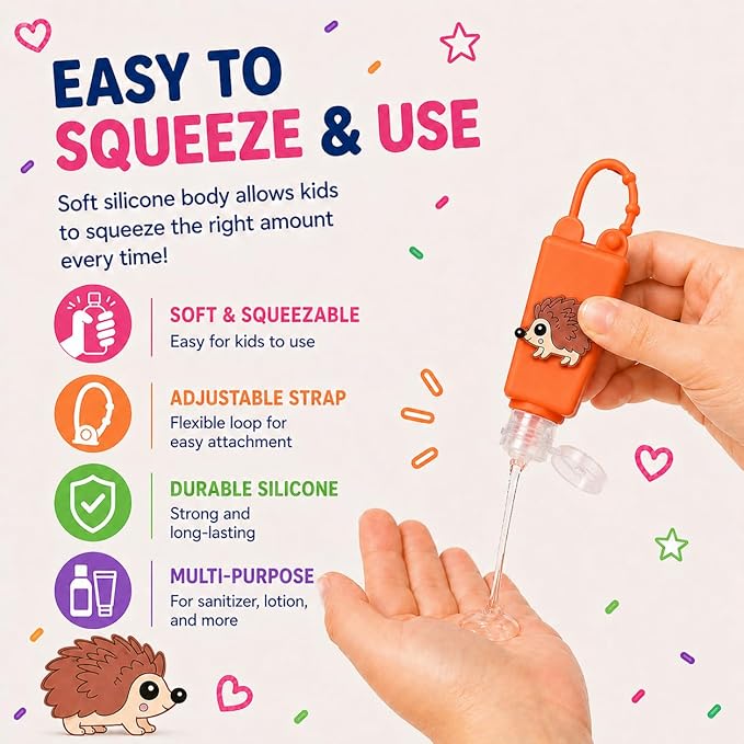 5-Pack Cartoon Kids Hand Sanitizer Holder, 30ml Travel Size Refillable Bottles with Silicone Case, Leak-Proof Portable Containers for Lotion & Liquid Soap (Animal Friends)