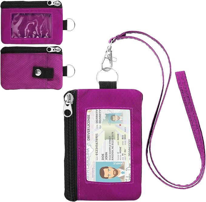 Minimalist RFID Wallet with Lanyard, Multi-Functional ID Case with 2 Zipper Pockets and Key Chain for Men and Women, Tactical Badge Pouch Cards Holder, Coin Purse for Travel Sports - Rose