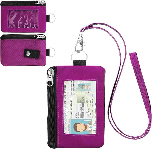 Minimalist RFID Wallet with Lanyard, Multi-Functional ID Case with 2 Zipper Pockets and Key Chain for Men and Women, Tactical Badge Pouch Cards Holder, Coin Purse for Travel Sports - Rose